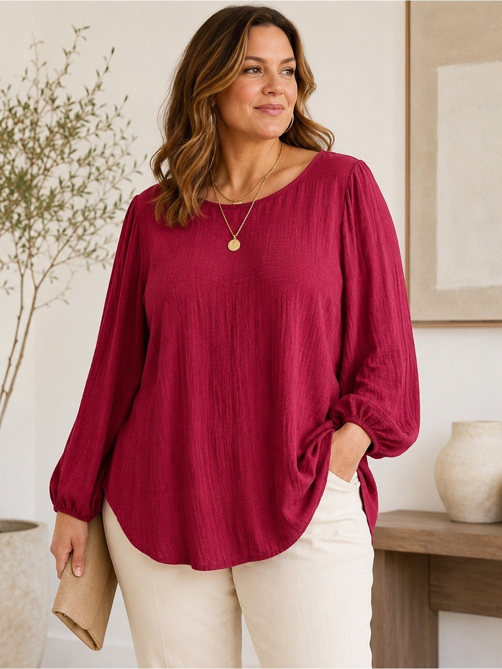 Max Studio London 3X Berry Textured Slub Boat Neck Blouse Plus Size Flowy Office